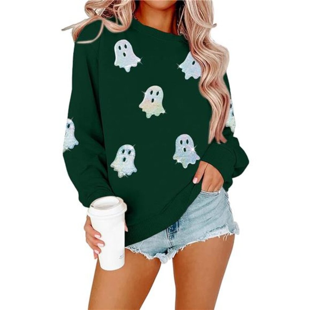 Halloween Sweatshirt – Colorful Sequin Ghost Graphic Pullover Crewneck